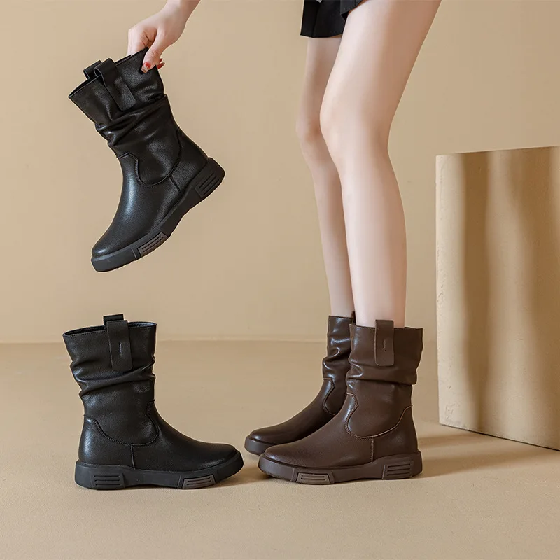 

Autumn Winter Cowhide Women's Boots Outdoor Warm Women's Snow Boots Knight Boots