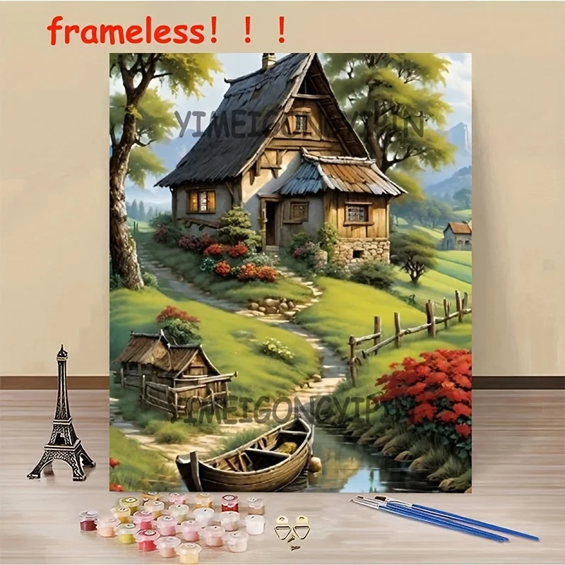 Professional Art Use 1 Set of DIY Digital Painting Kit - Charming Cottage with Boat by Stream Suitable for Adult Beginners - Sui