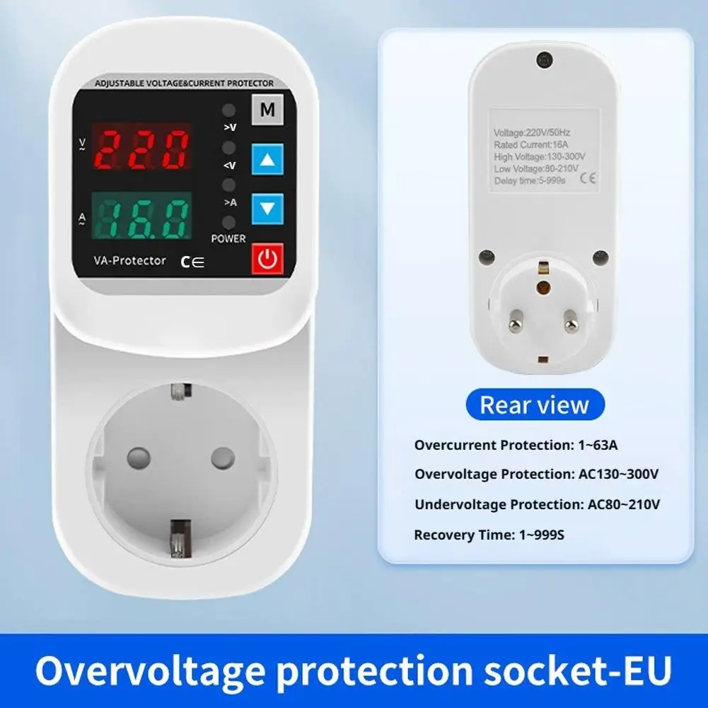 Over Voltage Current Under Voltage Protector Socket AC 220V 110V Adjustable 16A Surge Protector EU Plug Socket Safe Protect