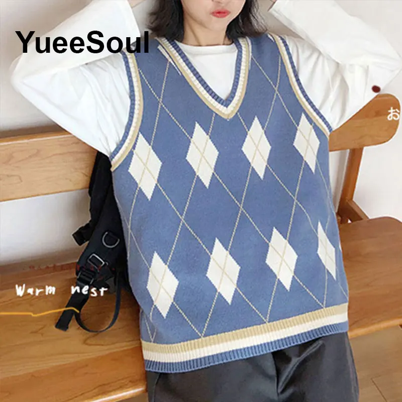 Blue Argyle Women's Vest Plaid Sleeveless Pullover Loose Knitted Sweater Vest 2025 New Autumn Y2K Casual Oversized Waistcoat