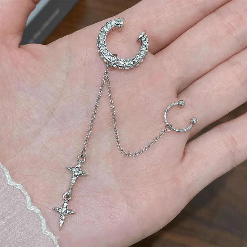 2 Stück neue modische, vielseitige, nicht durchdringende Ohrklemmen für Damen, glänzende Kette, Fake-Knorpelpiercing
