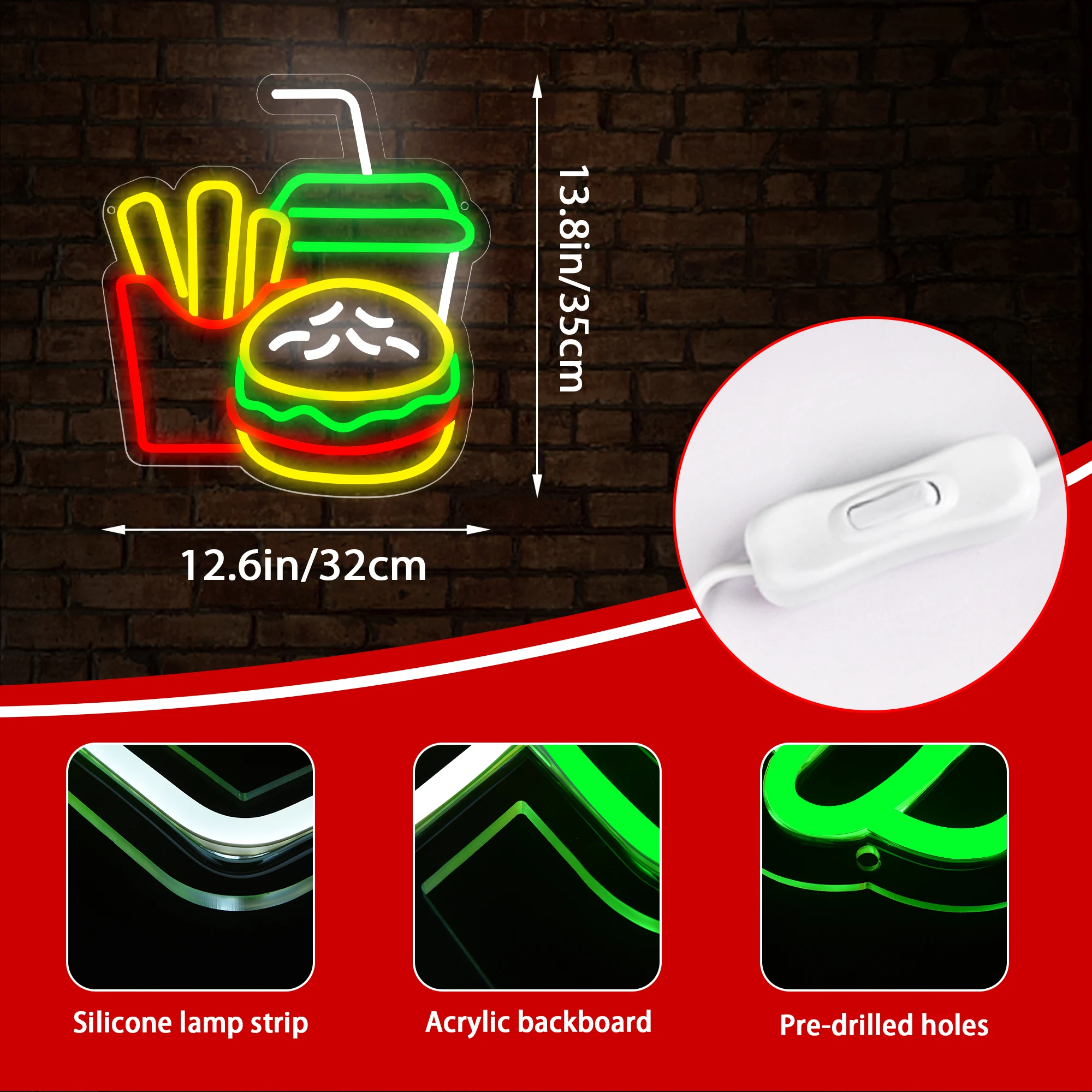 Insegna al neon per hamburger per hamburger Shop Decor Patatine fritte Luce al neon a LED Insegne aziendali per fast food per ristorante Negozio Alimentato tramite USB