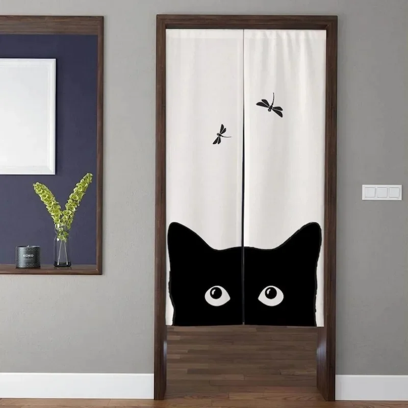 VIKAMA Cute Peek‑a‑Boo Cat Noren Curtain Simple Black Kitten Dragonfly Pattern Fabric Door Curtain for Entrance Decor
