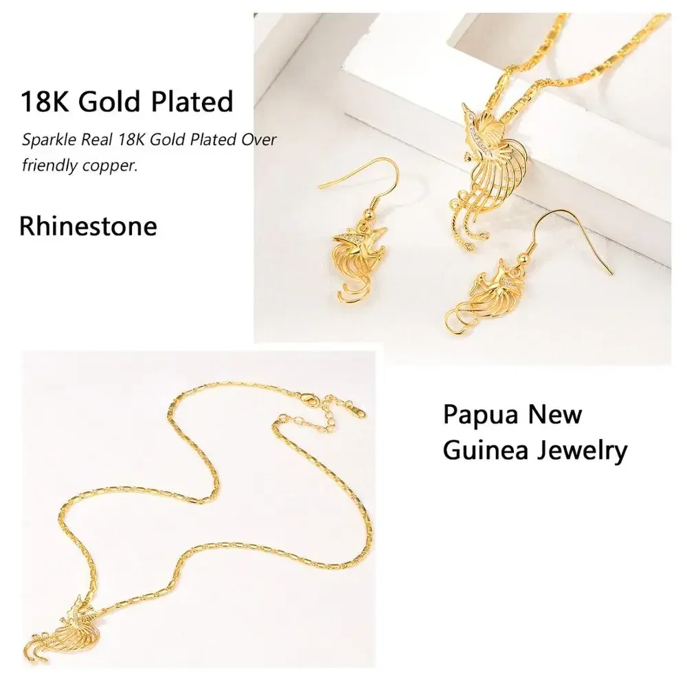 U7 2pcs/set Necklace Earring Set for Women Bird of Paradise Phoenix 3D Drum Lizard Papua New Guinea PNG Country Jewelry QC24