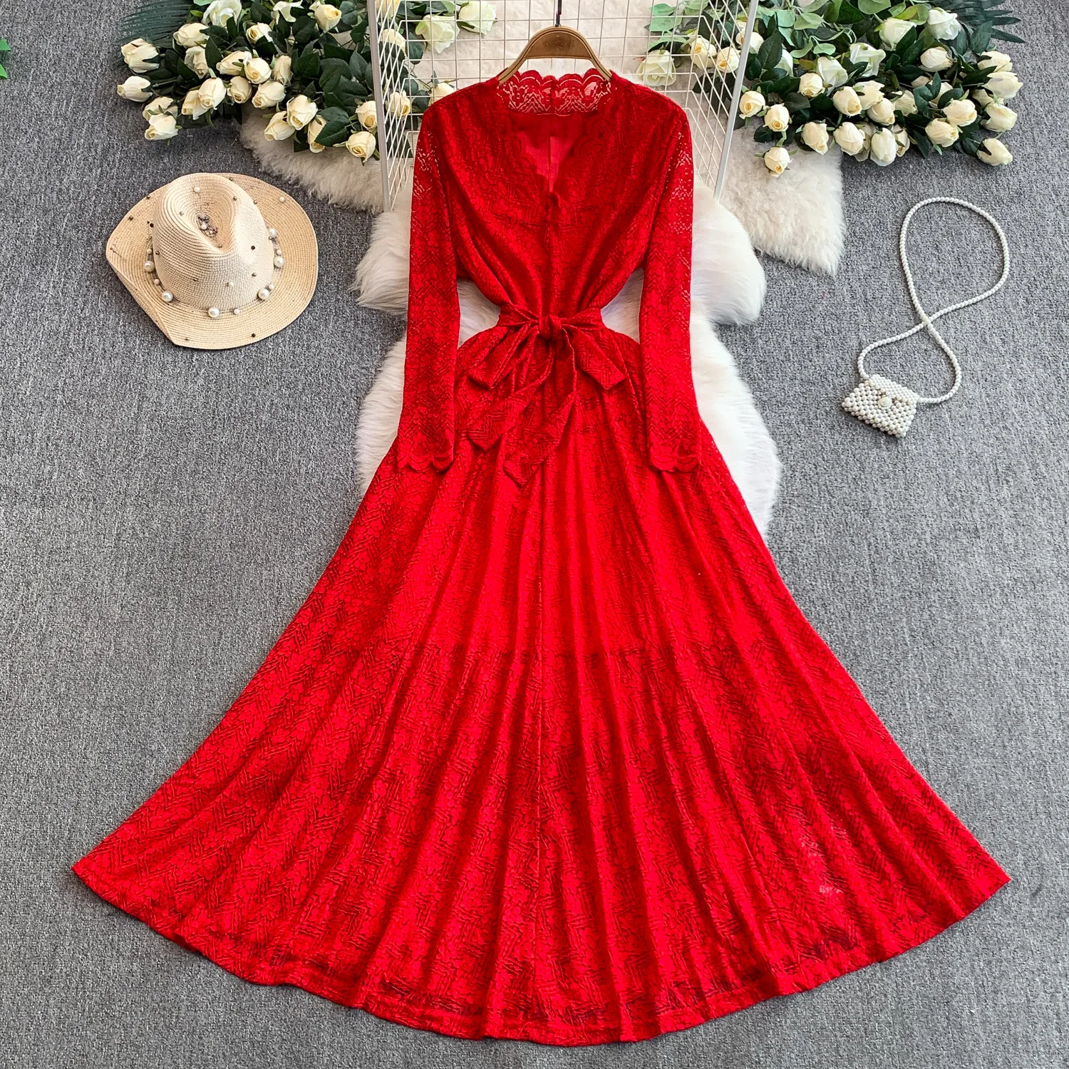 فساتين أنيقة بأكمام طويلة ورقبة على شكل حرف V من الدانتيل أنيقة لحفلات الجنية فستان صيفي رائع ملابس نسائية فستان على شكل حرف A #1