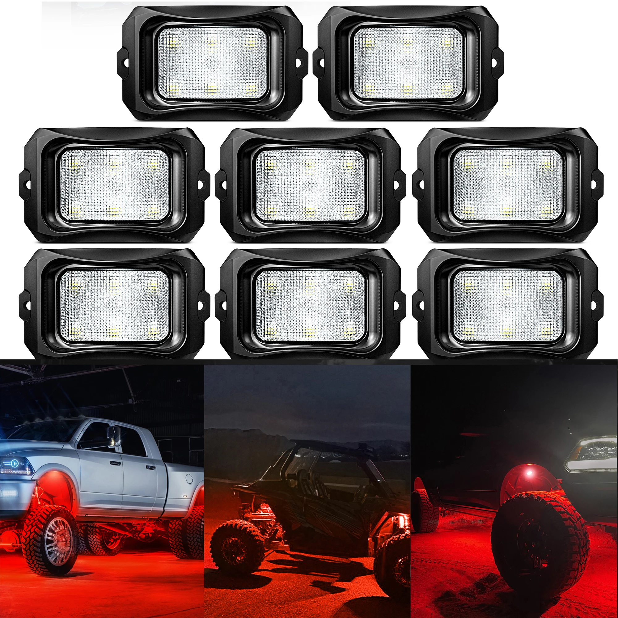 MICTUNING 8 pods LED Rock Lights Red Underglow Lights Compatible for Car Truck Offroad ATV UTV Boat