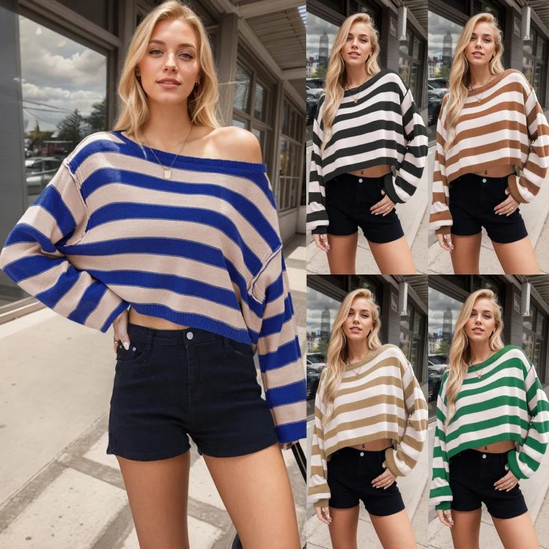 

2024Autumn and WintertemuWomen's Pullover Sweater Striped Loose Short Sweater New