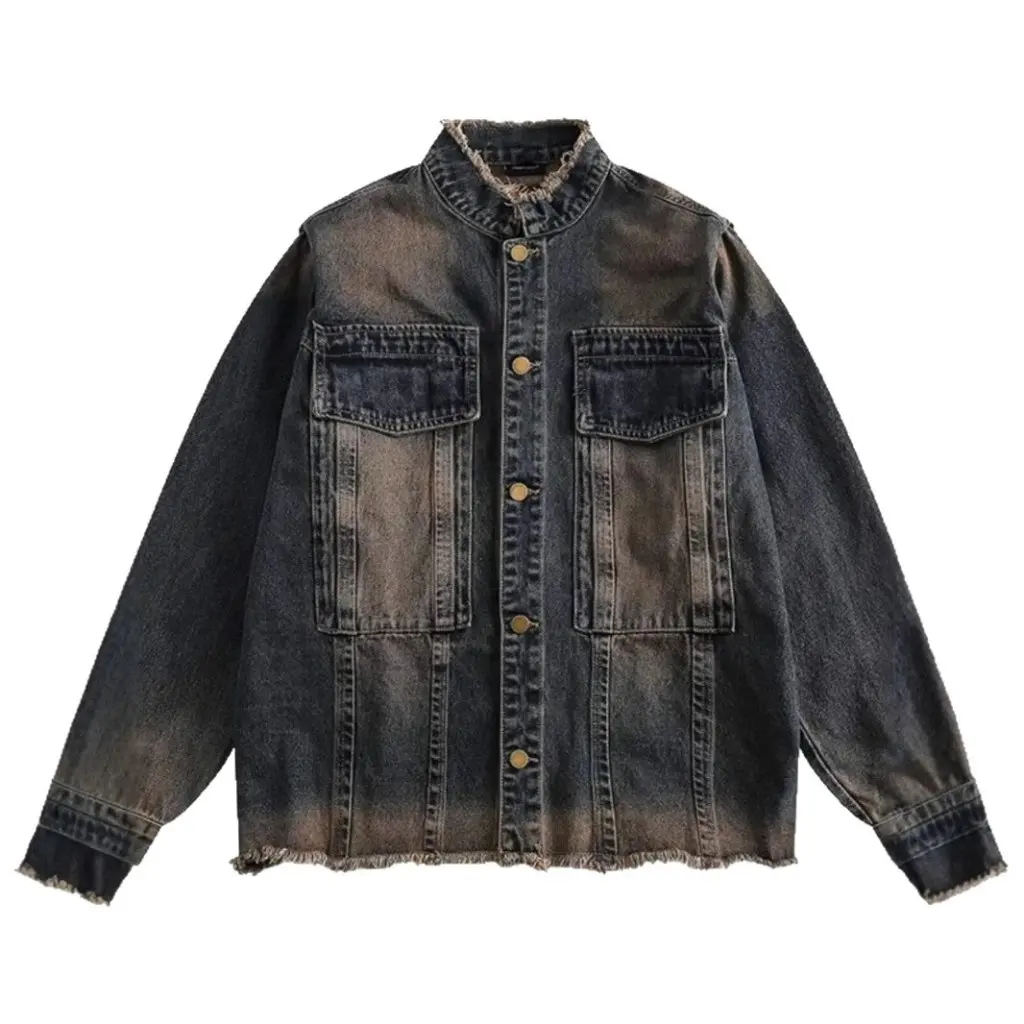 Jaket Denim Retro Amerika Wanita dengan Tepi Kasar, Atasan Kasual untuk Musim Semi dan Gugur, Desain Unik yang Serbaguna