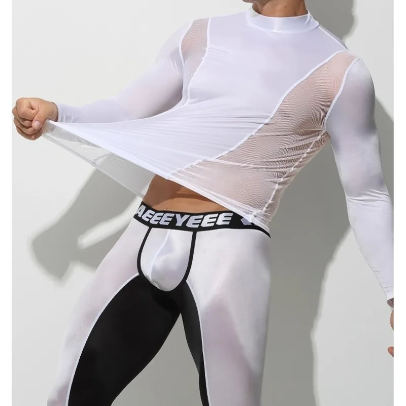 

Ультратонкое сексуальное мужское термобелье, прозрачная сетка, спортивные лонг-джоны из ледяного шелка, бесшовные топы, низ, шелковистые, плотно облегающие