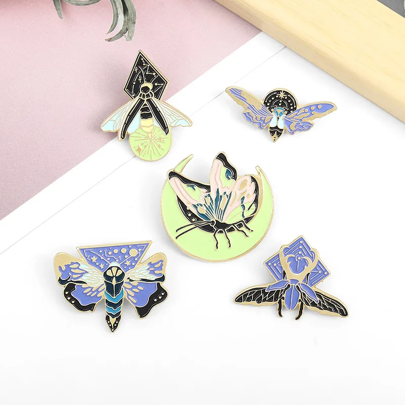 5Styles Luminous Enamel Pin Custom Moth Butterfly Moon Brooches Bag Lapel Pin Cartoon Animal Badge Jewelry Gift for Kids Friends