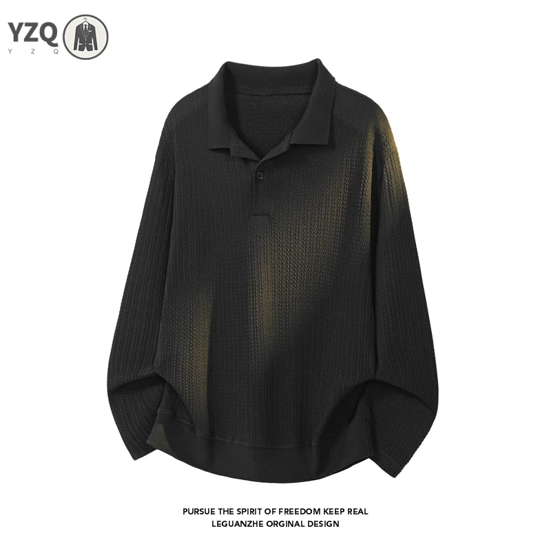 10. Mens Lapel Collar Long Sleeve Waffle Knit Polo Shirt Curved Hem Soft Handfeel Top For Autumn Daily Wear