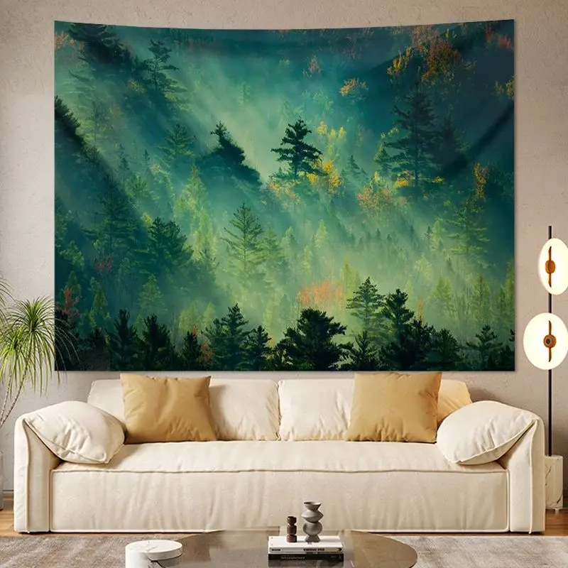 VIKAMA Nordic Forest Valley Landscape Tapestry, HD Wear-Resistant Fabric Wall Art for Serene Living Room Home Decor