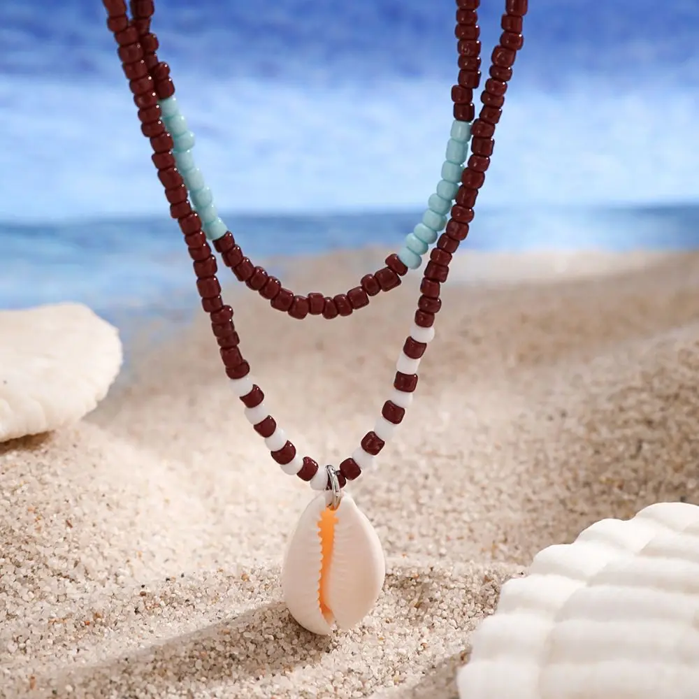Bilayer Conch Shell Necklace Vintage Boho Style Shell Sea Turtle Beach Choker Handmade Pearl Bohemia Beads Chain Choker Summer