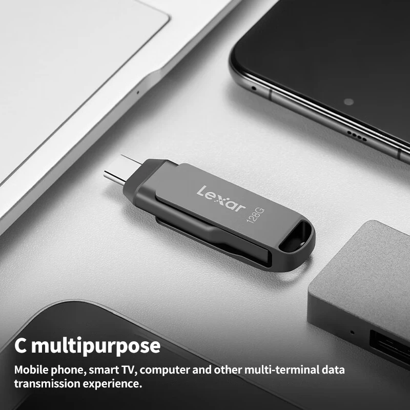 محرك Lexar JumpDrive المزدوج USB 3.1 Type-C 64GB 128GB 256GB 512GB حتى 130 برميل/الثانية للكمبيوتر الشخصي المعدني iPhone 15 تصميم دوار