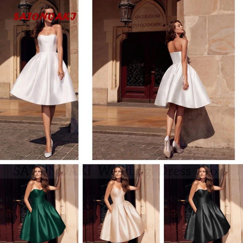 

2024 Women's Elegant Simple Satin Short Evening Prom Dresses Knee Length A-Line Party Dress with Pocket Vestidos De Noche Custom