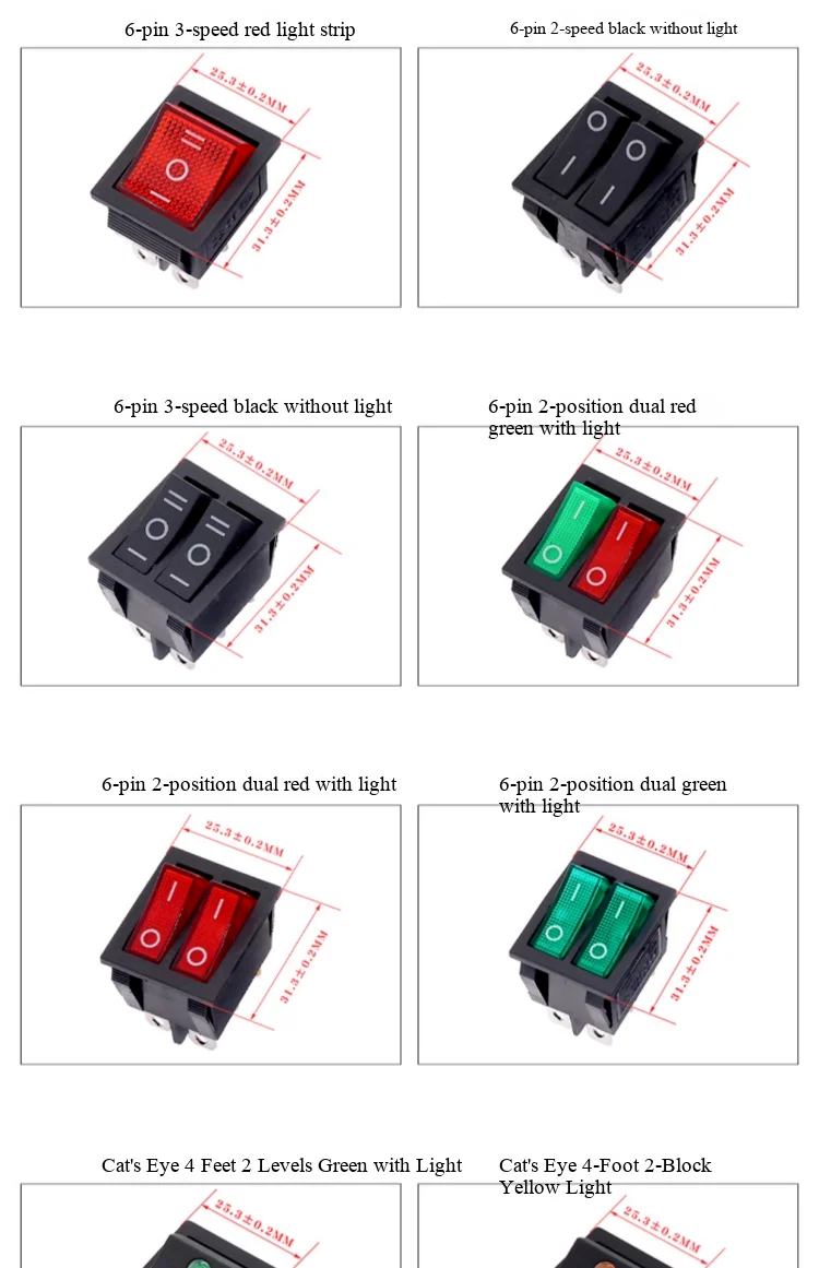 KCD4 Wippschalter 16A250V Power-Reset-Taste mit 4 oder 6 Pins, 2- oder 3-Positionen, in verschiedenen Farben erhältlich, mit oder ohne Beleuchtung – Detail 4