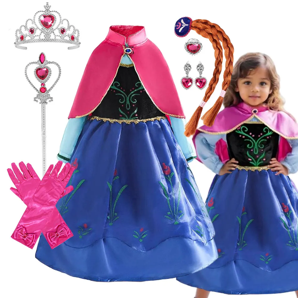 Anna Dress with Fuchsia Cape Princess Costume Outfit Halloween 2026 Cute Snow Queen Sister Birthday Role Play Elsa Party Vestido