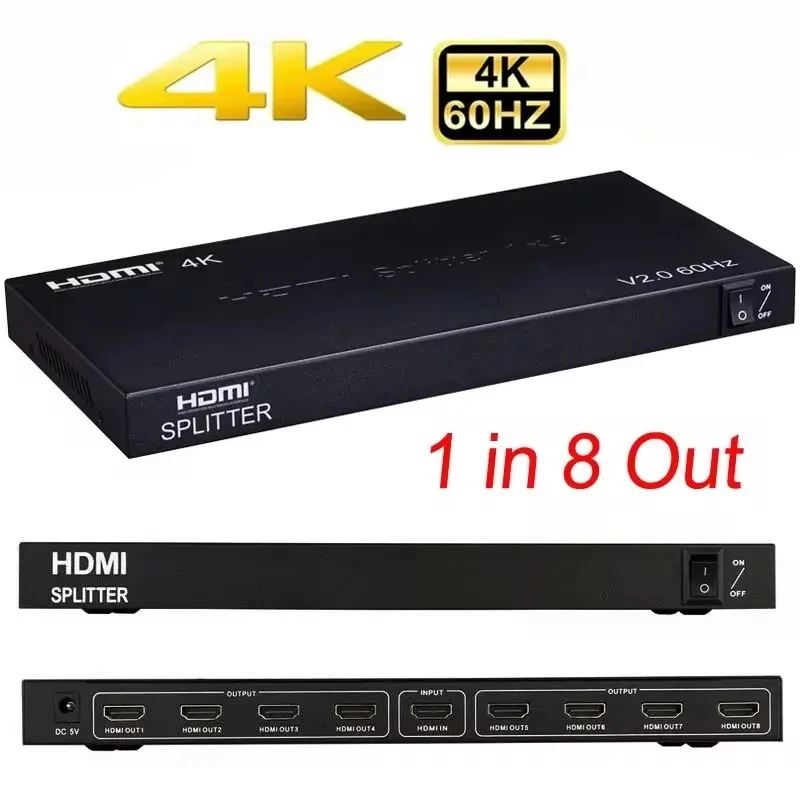 Divisor HDMI 4K 60hz 1x8, 1 Entrada 2/4/6/8 Salidas, Divisor HDMI 1x2/1x4, Conversor de Video HDMI 2.0 1080P para PS4, PC, DVD a TV y Monitores