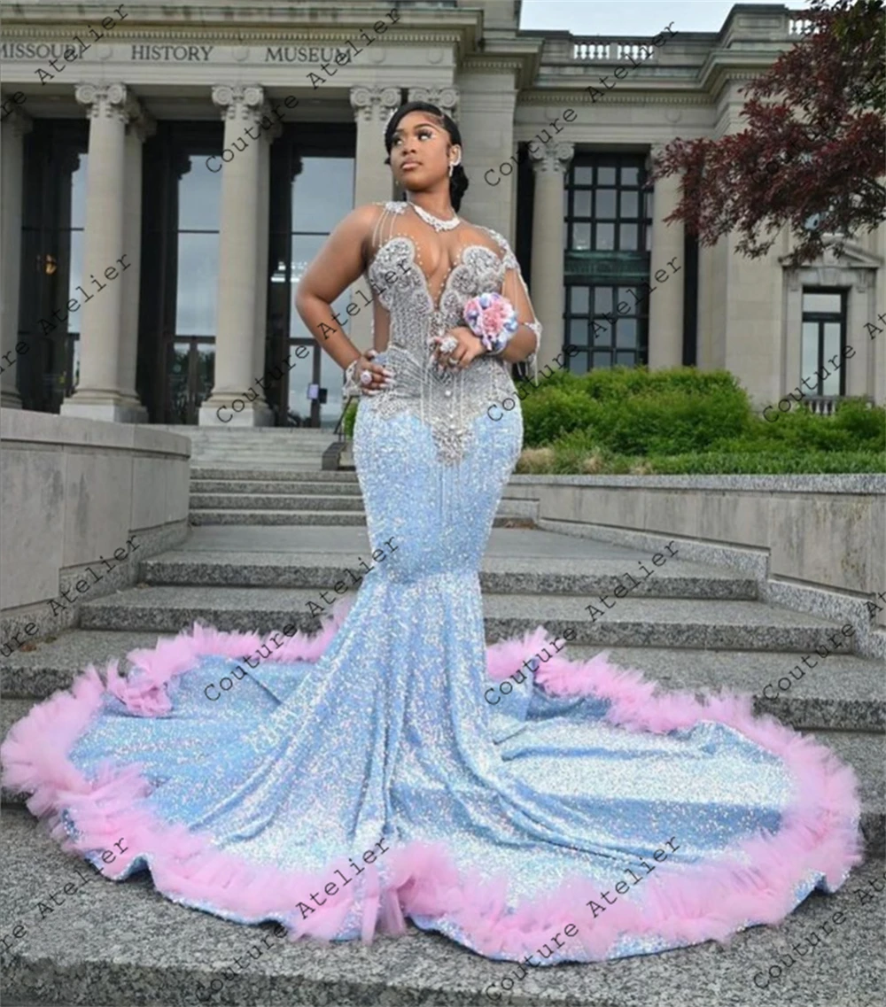 Pink Tulle Ruched Train Blue Sequin Mermiad Prom Dresses Crystal Sparkly Dress Evening Dresses Long Luxury 2024 Party Gown