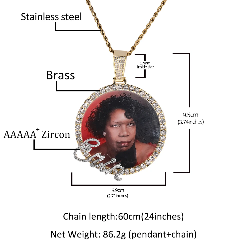 THE BLING KING Men\'s Large Custom Name Round Photo Pendant Necklace Cursive Letters 6.8cm Circle DIY Photo Memory Jewelry Gift