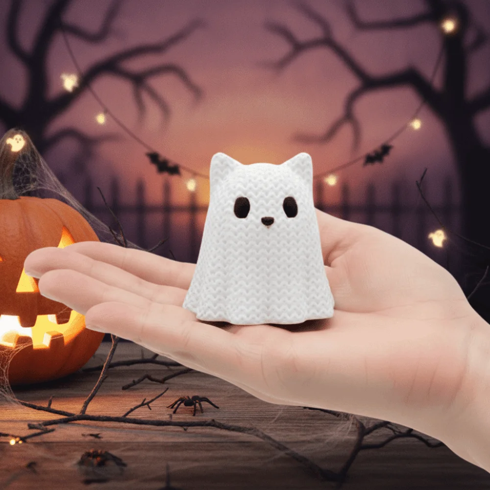 Knitted Texture Halloween Ghost Cat Dog Figurines 3D Printed Plastic Ghost Cat Dog Desktop Ornaments Mini Ghost Cat Dog Statue