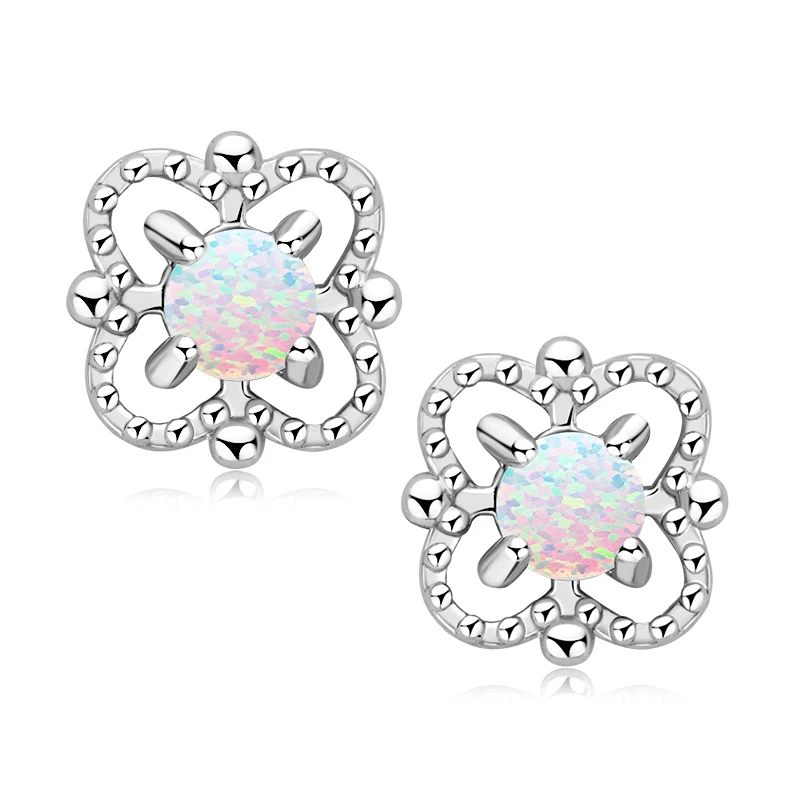 

3mm Round White Opal Hollow Four-Leaf Clover Ladies Earrings 925 Sterling Silver Ear Stud for Women Christmas Jewlery Gift