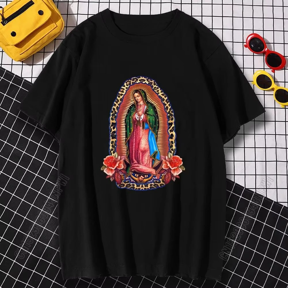 تي شيرت رجالي وامرأة مريم العذراء غوادالوبي قطن كبير الحجم ملابس هيب هوب فضفاضة ملابس الشارع الشهير تي شيرت Harajuku