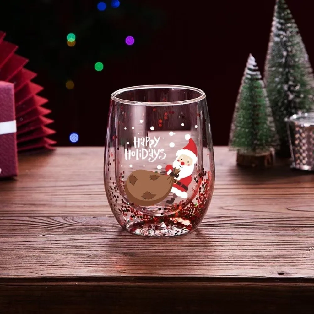 Heat-resistant Double-layer Sequins Christmas Glass Cup Transparent Reusable Coffee Milk Mug Tea Espresso Cup Xmas Art