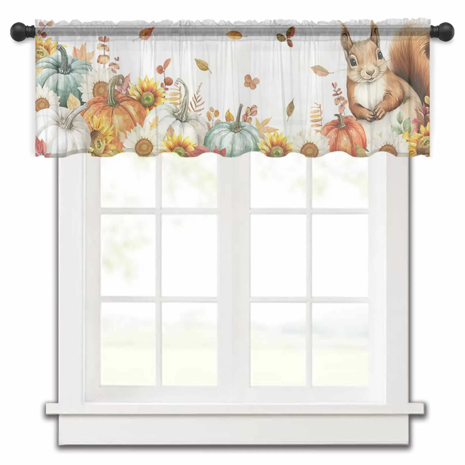 Thanksgiving Eucalyptus Leaves Pumpkin Squirrel Kitchen Sheer Curtains Tulle Small Curtain Living Room Voile Drapes Home Decor