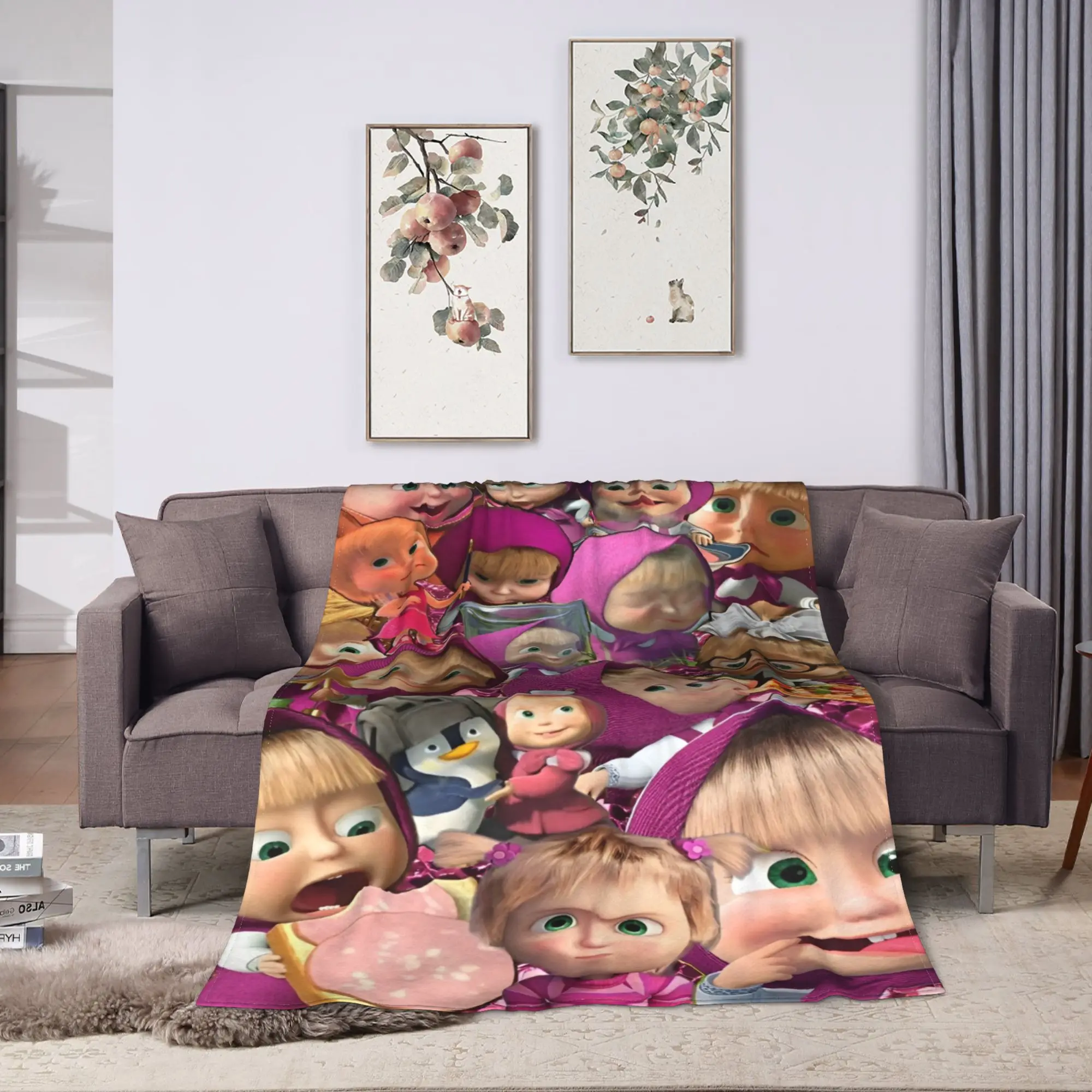 M-Mashas and B-Bears Character Collage Flannel Blanket Autumn  Super Soft Throw Blanket Living Room Bedspread Sofa Bed Cover