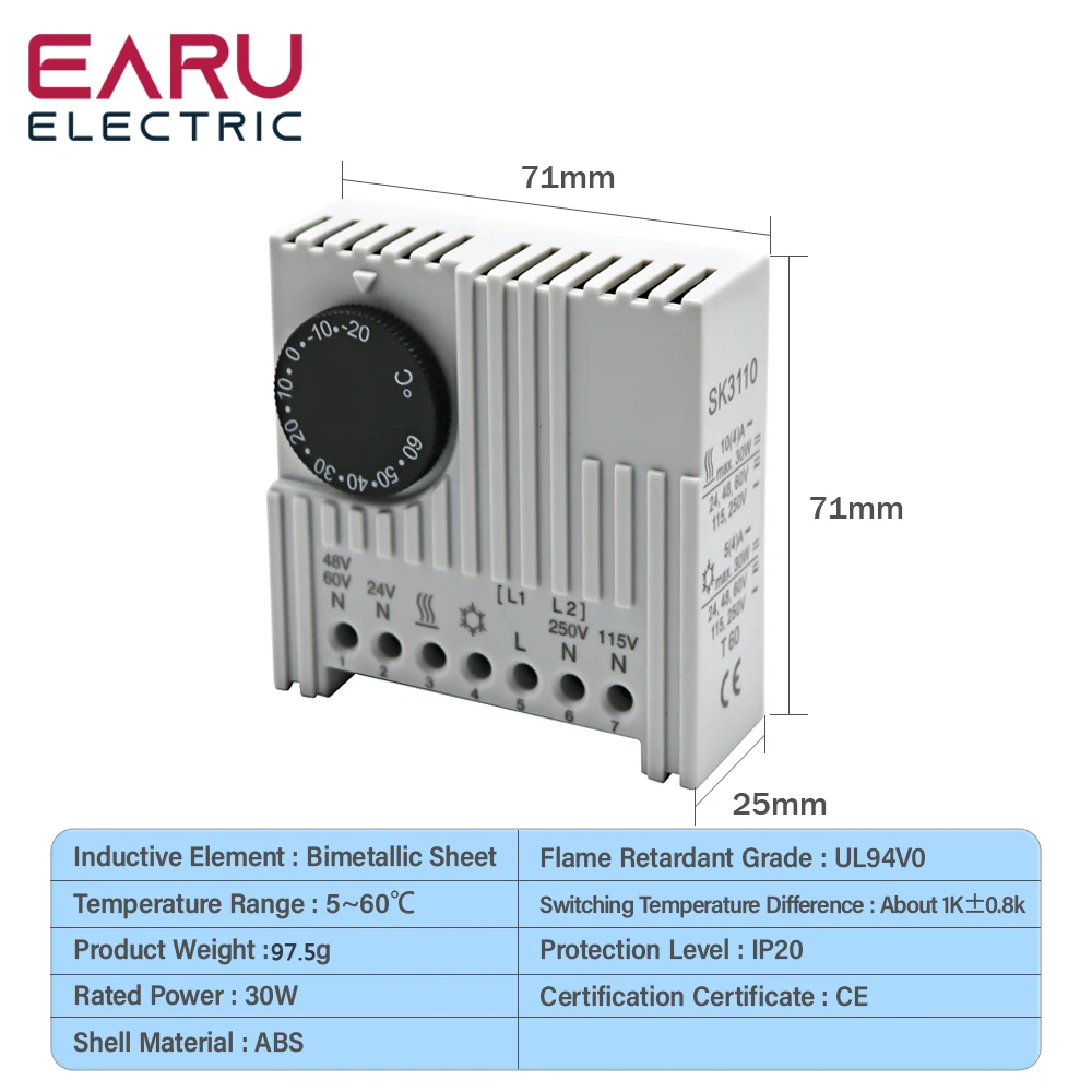 Cabinet Fan Automatic Adjustment Thermostat DC Switch Distribution Cabinet Distribution Box Normally Open Guide Rail Type SK3110