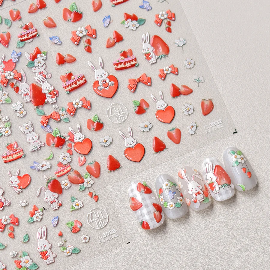 Cartoon Red Strawberries & Rabbit 3D Nail Stickers High Quality Korean Style Adhesive Stickers Nail Art Decoration