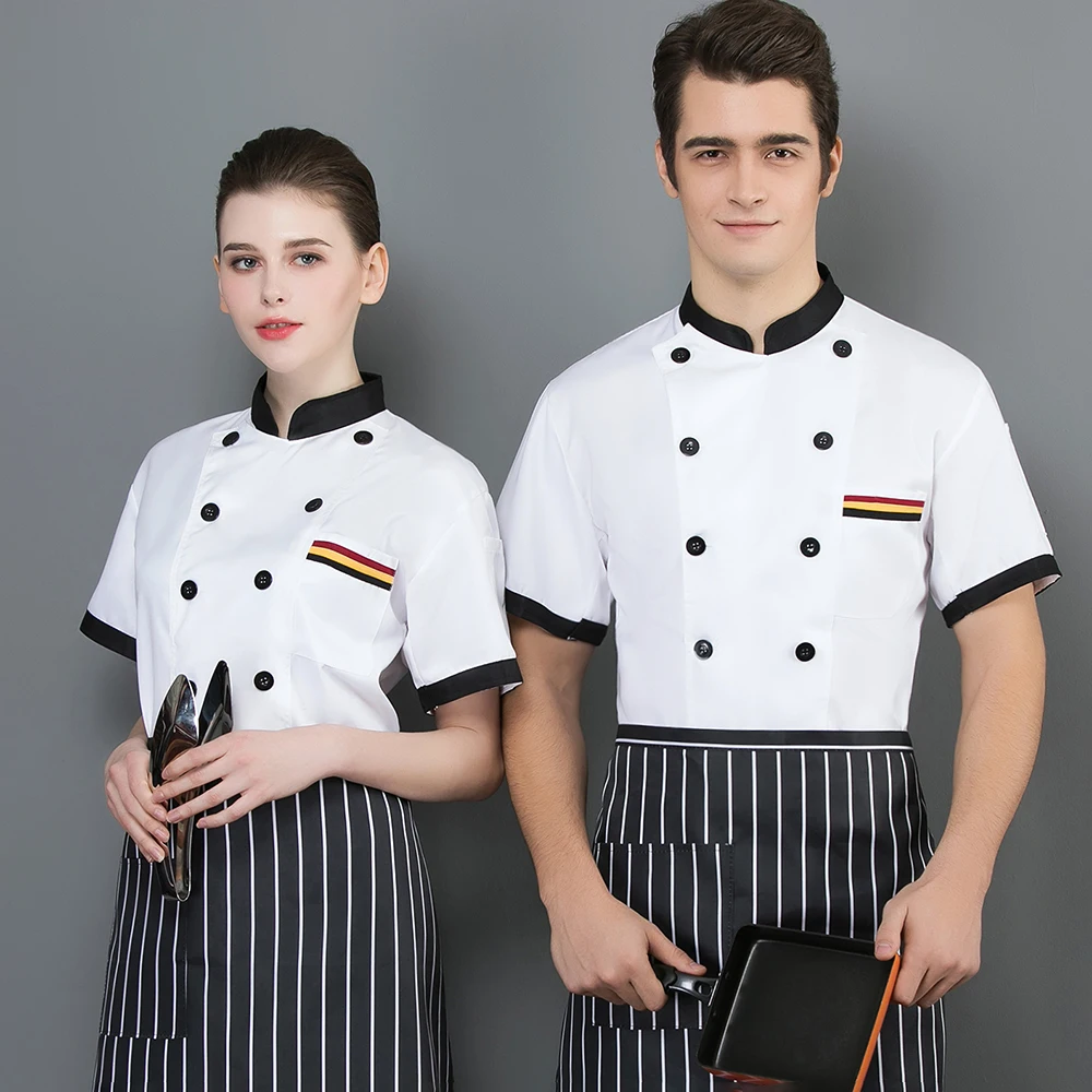 Abrigo de Chef para hombre, uniforme de cocinero, chaquetas de manga corta para cocinar, Tops de servicio de comida, ropa de trabajo para restaurante y panadería