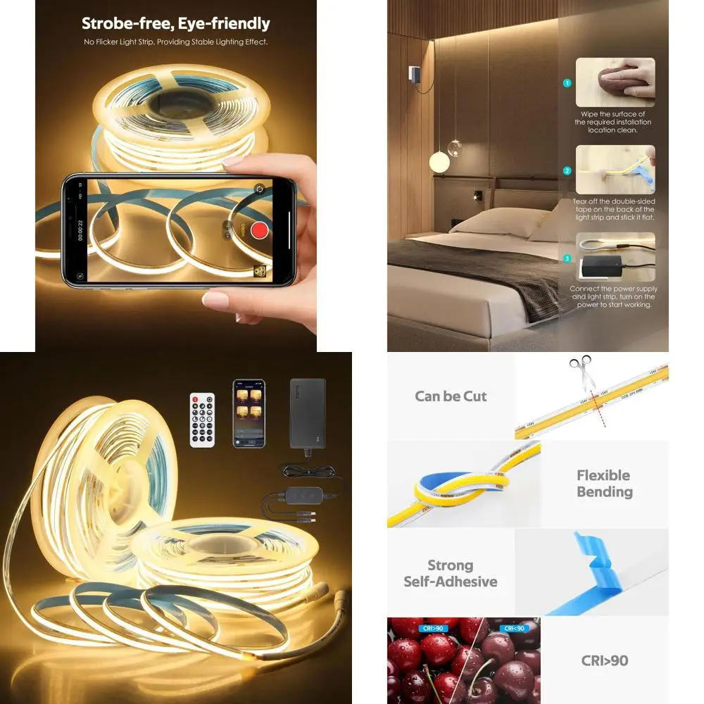 

100FT 24V 3000K Warm White Bluetooth Dimmable COB LED Strip Light with Remote, 480 LEDs/m, CRI90+ for Home Lighting