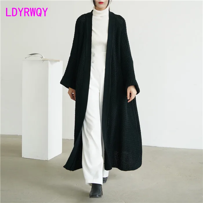 Autumn and Winter Loose Long Knitted Cardigan Coat Women's Over Knee Thick Thread Style Sweater