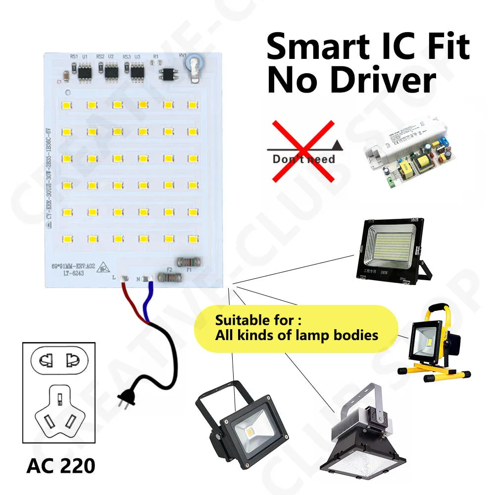 Smart IC LED Chip 10W 20W 30W 50W 100W 3500K Lamp Beads High Power LED Light Board 220V 2835 SMD LED Lamp For Indoor Outdoor DIY