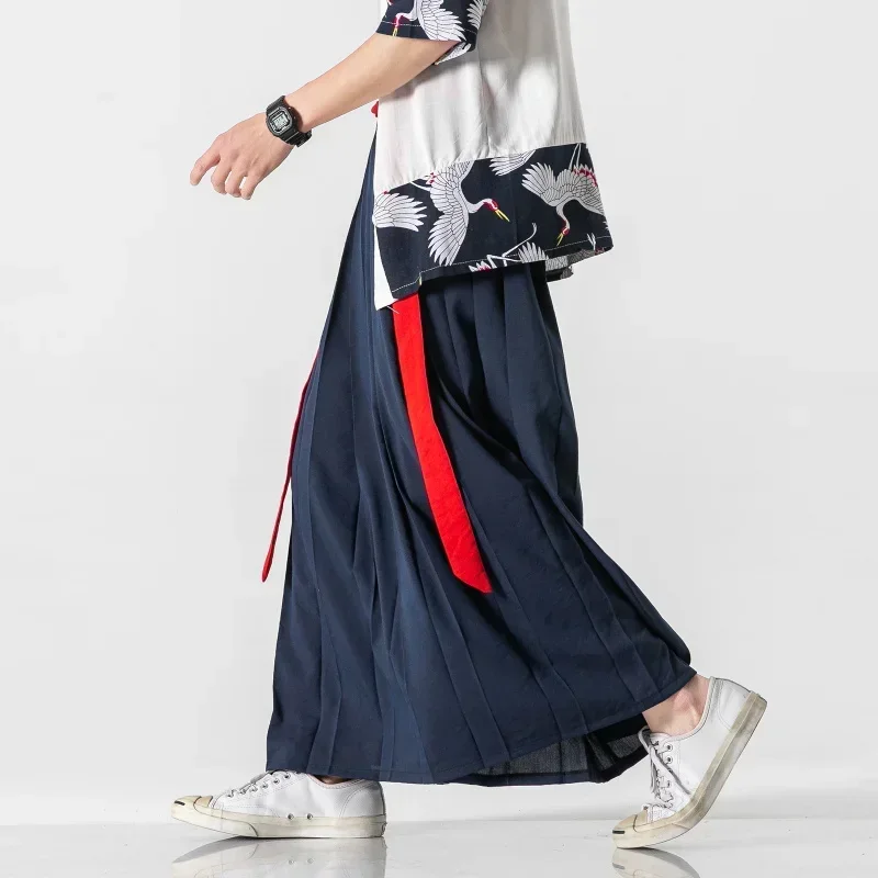 Japanese Harajuku Hakama Mens Linen Wide Pants 2024 Loose Kimono Chinese Black Pants Men Clothing Lace-Up Trousers