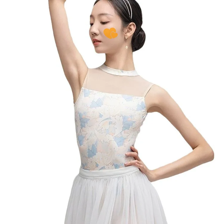 رداء رقص الباليه للنساء الكبار بلا أكمام مطبوعة الجمباز ملابس التدريب ثياب ملابس الرقص الإناث عارية الذراعين المرحلة الملابس #1