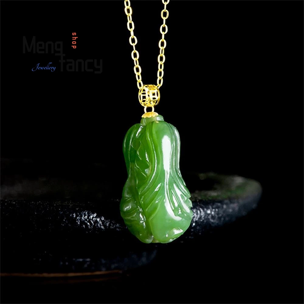 Spinach Green Old Material Hetian Jade Jasper Cabbage Bai Cai Pendant 18K Gold Buckle Natural Jade Pendant Necklace Female