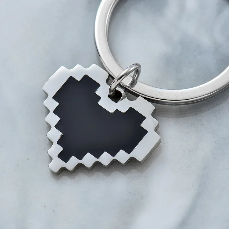 Creative Pixel Style Heart Keychains Smooth Stainless Steel Cartoon Heart-shape Ornament Fashionable Keychain