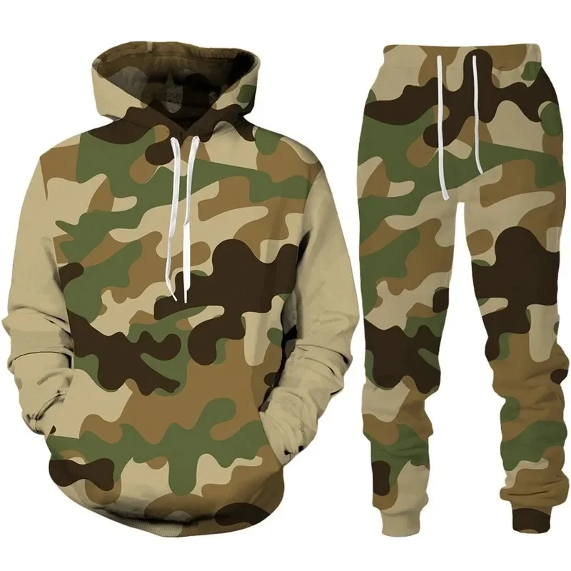 Camuflagem com capuz 3d impresso conjunto de roupas esportivas masculinas com capuz + calças conjunto de 2 peças de fitness ao ar livre roupas esportivas casuais masculinas