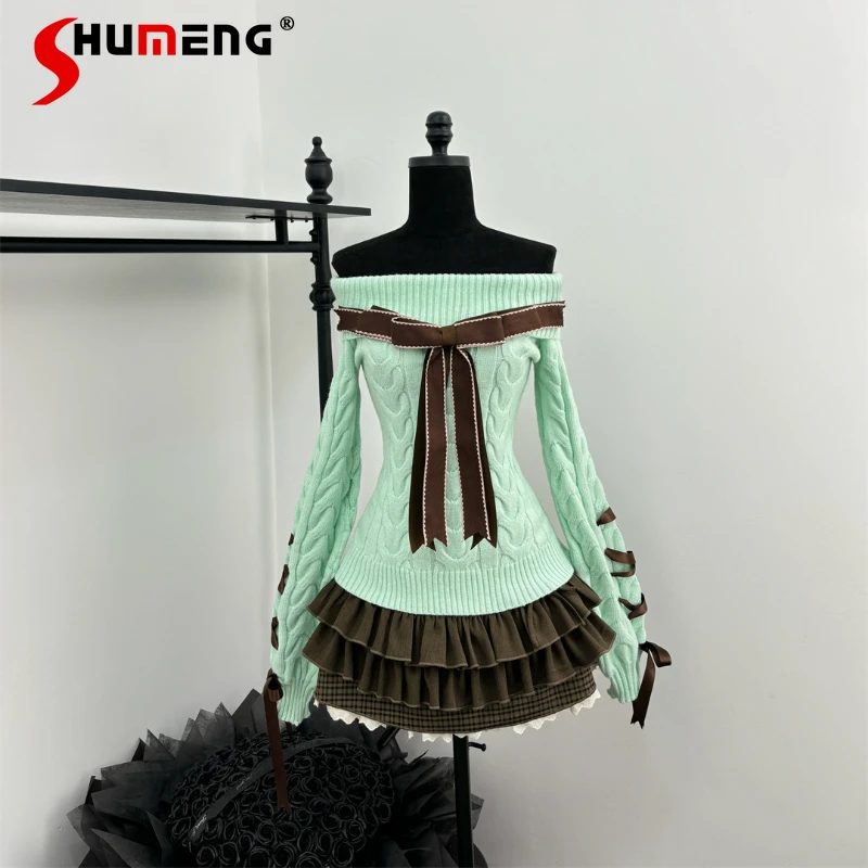 Women's Japanese Style Sweet Green Sweaters Lady Bow Lace-Up Off Shoulder Long-sleeved Knitwear Top Pullovers Y2k Skirt Autumn