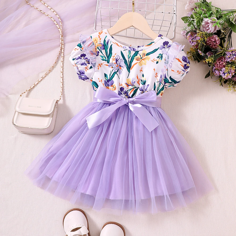 Girls' New Summer Bubble Sleeve Bow Print Mesh Dress