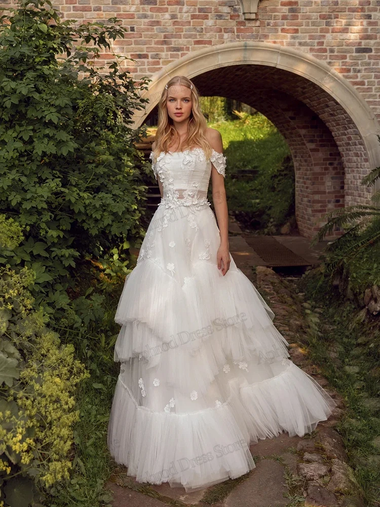 فساتين زفاف رائعة على شكل حرف A زي العرائس تول طبقات رداء دانتيل زينة قبالة الكتف Vestidos De Novia مخصصة 2026 #4