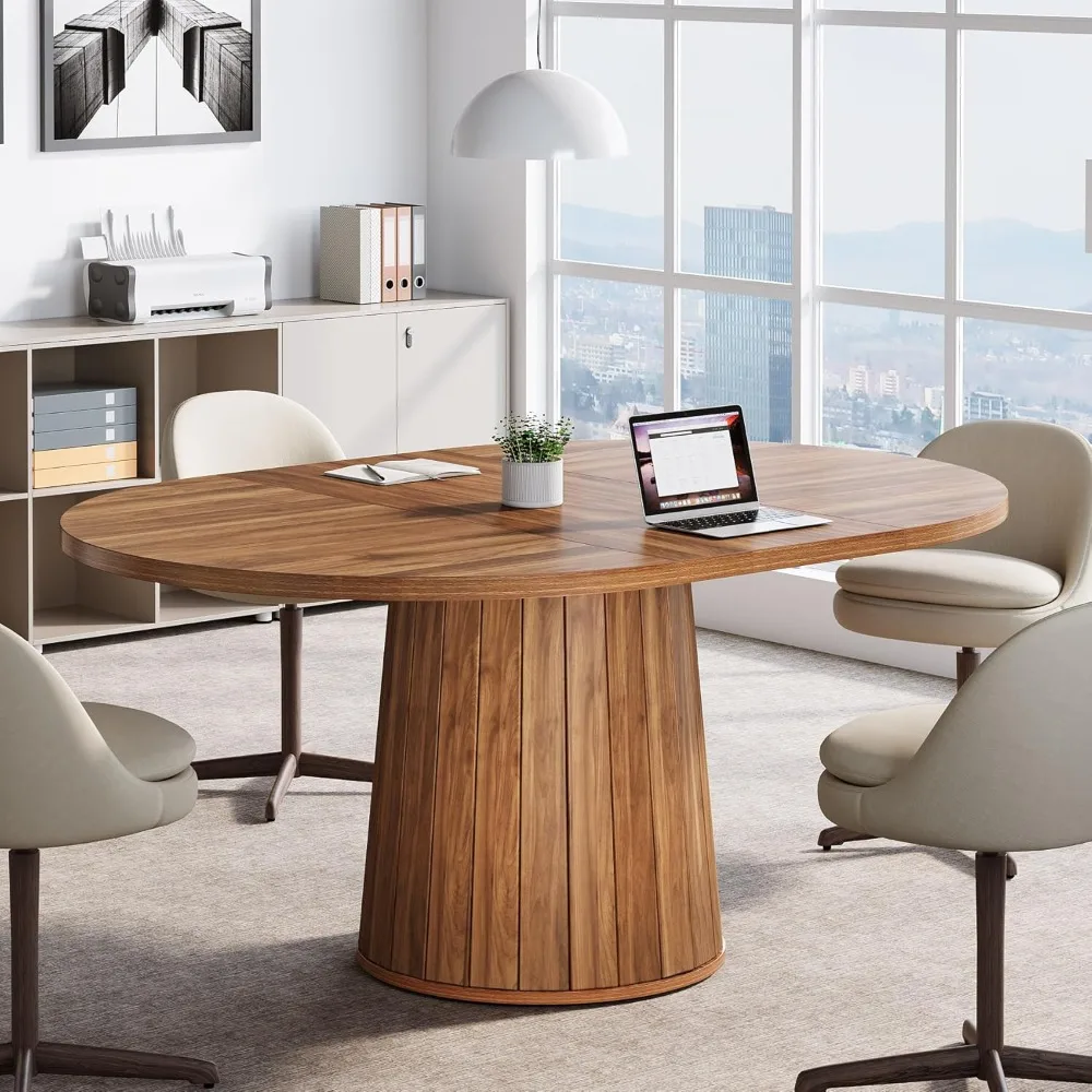

Oval Conference Table, 55.11 Inches Wood Meeting Table for 6 People, Rustic Meeting Seminar Boardroom Table with Wood Base for