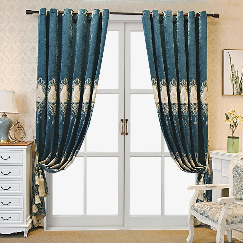 Luxury European Embroidered Blackout Curtains 2 Panels, Velvet Dark Blue Window Curtain Panels, Elegant Floral Embroidery Drapes for Living Room Bedroom Home Decor