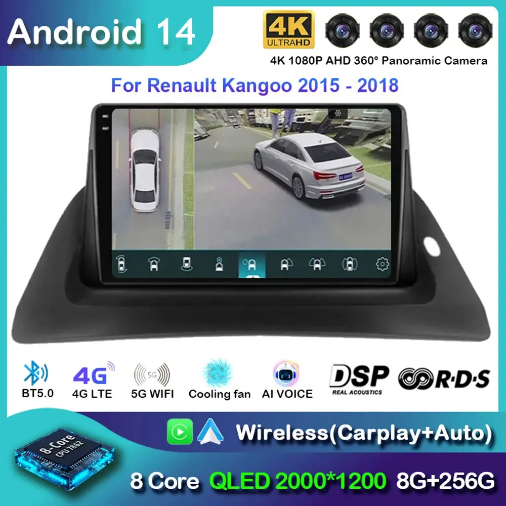 Android 14 Carplay Car Radio For Renault Kangoo 2008 - 2018 Navigation Multimedia GPS Player Stereo WiFi+4G video BT 360 Camera