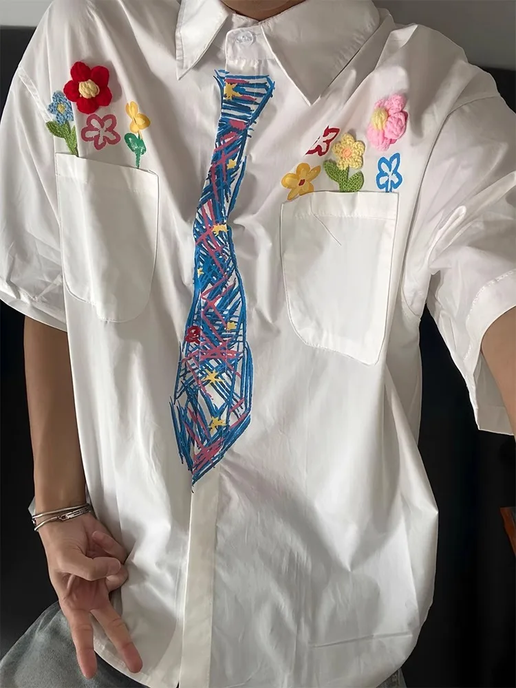 

Hand-Drawn Graffiti Tie Embroidered Short Sleeve Men's Shirt Summer Lightweight Sun Protection Half Sleeve Loose Fit Youth Trend