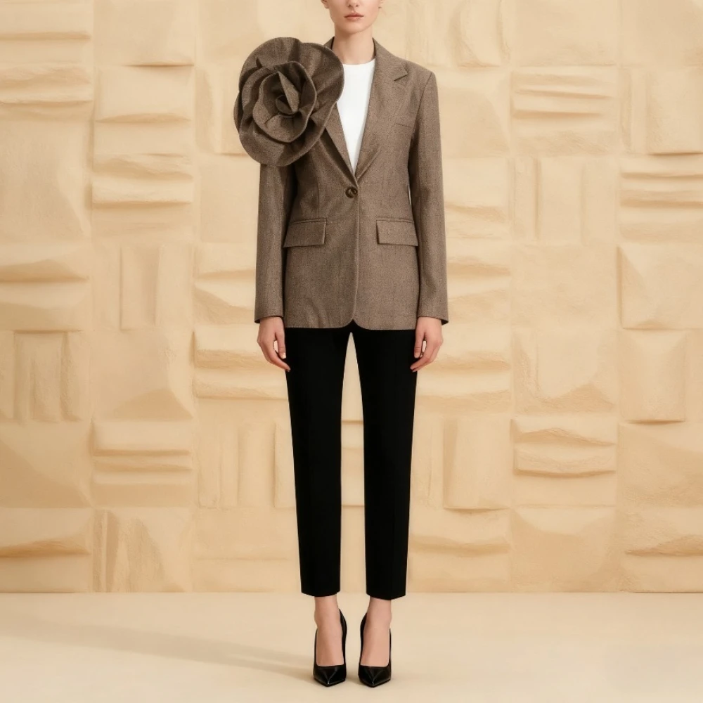 VGH Blazer stile applique da sera per donna Colletto dentellato Manica lunga Cappotto con bottone singolo impiombato Tendenza moda femminile