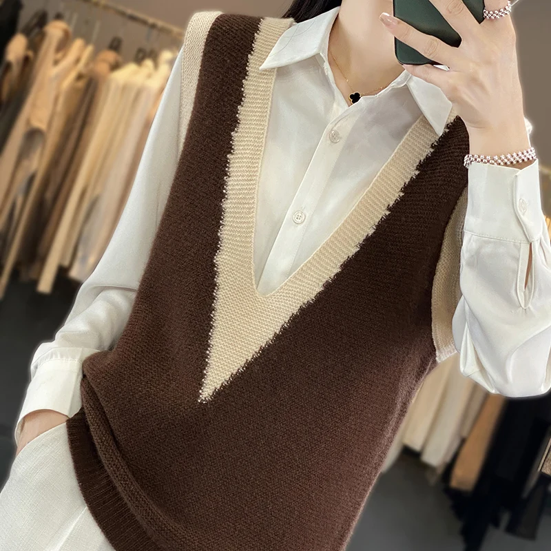 Autumn And Winter 100% Merino Wool Matching Color V-Neck Women\'s Casual Pullover Sleeveless Vest Sweater Loose New Style